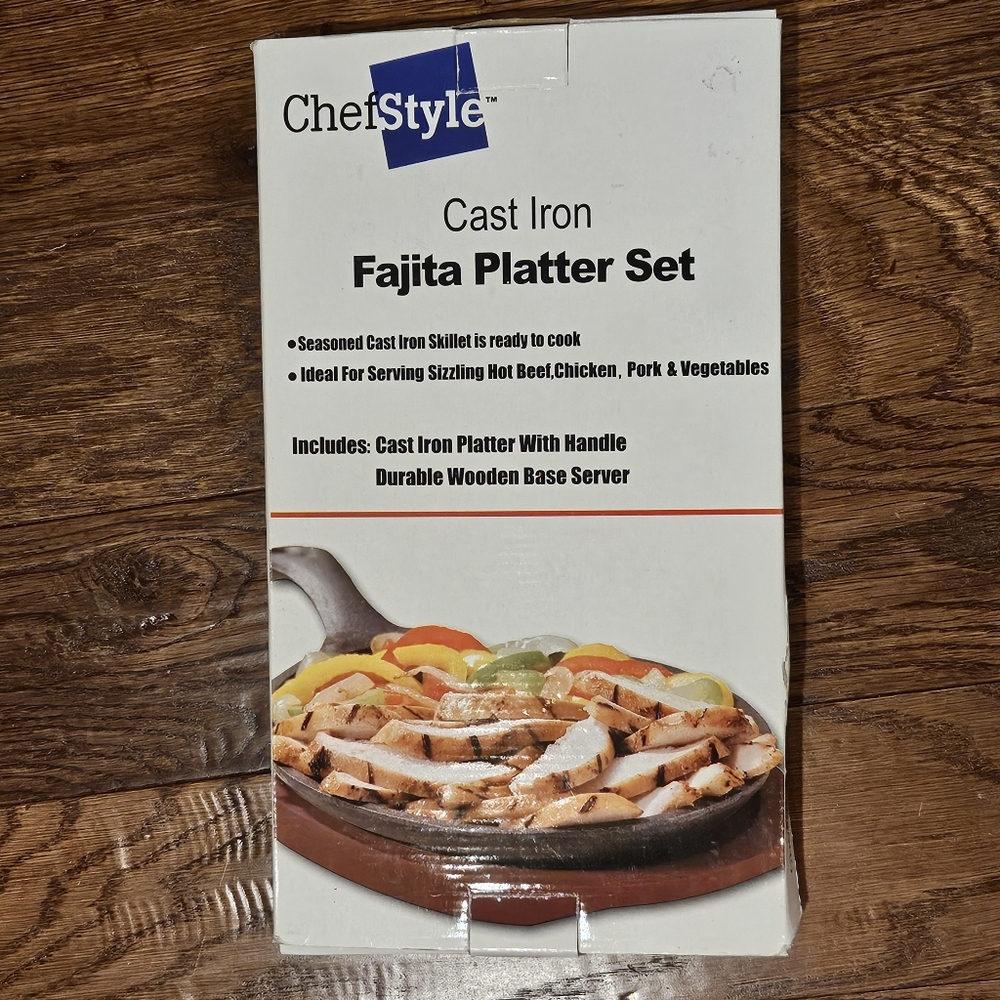Chef Style Cast Iron Fajita Platter Set - 3 Piece, New In Box